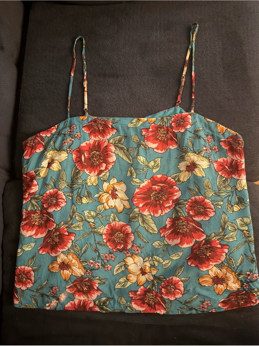 Floral Print Spaghetti Strap Cami Tank Top - Teal with Red & Yellow Blooms